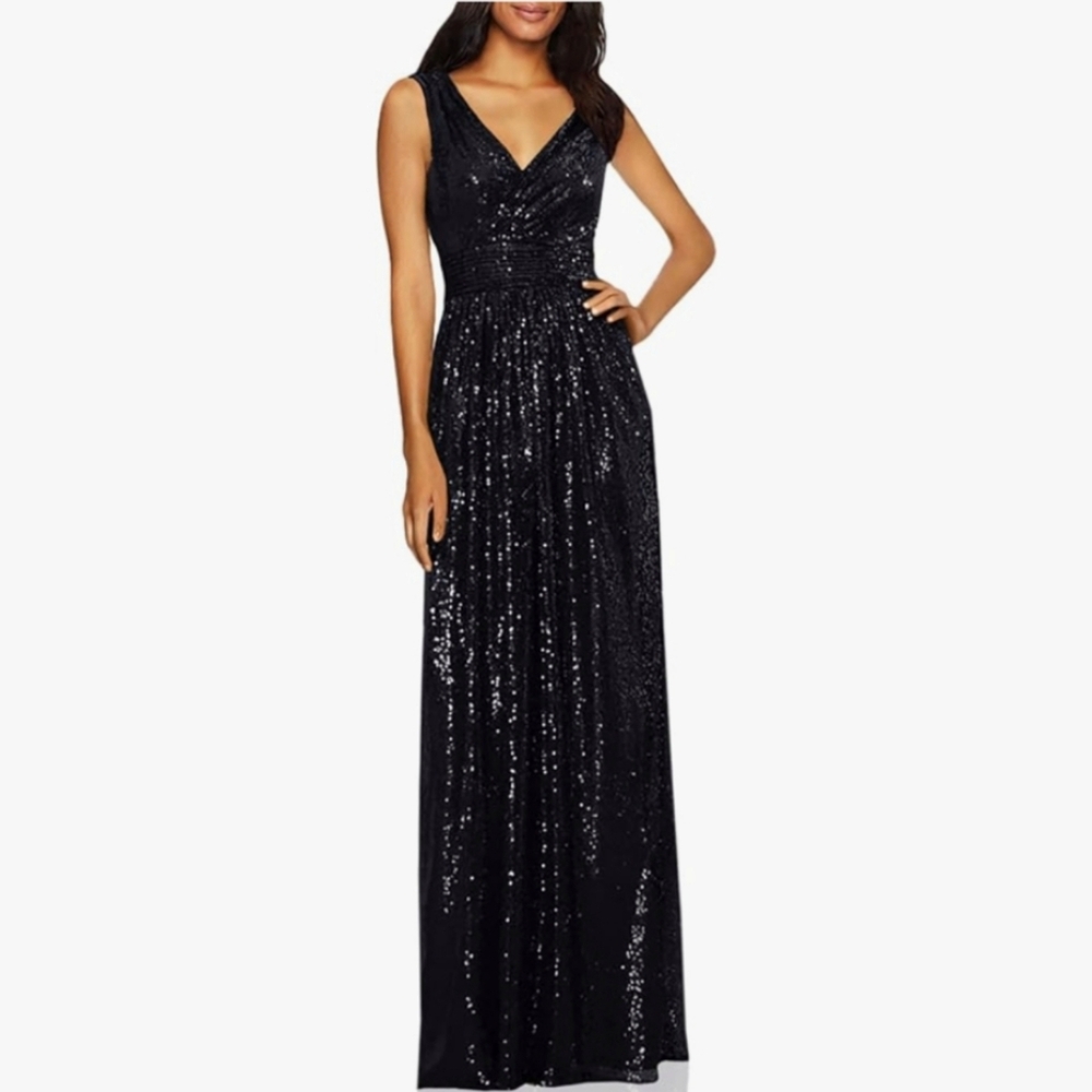 Kate Kasin Black Sequin V-Neck Empire Waist Full Length Maxi Evening Gown 16 XL